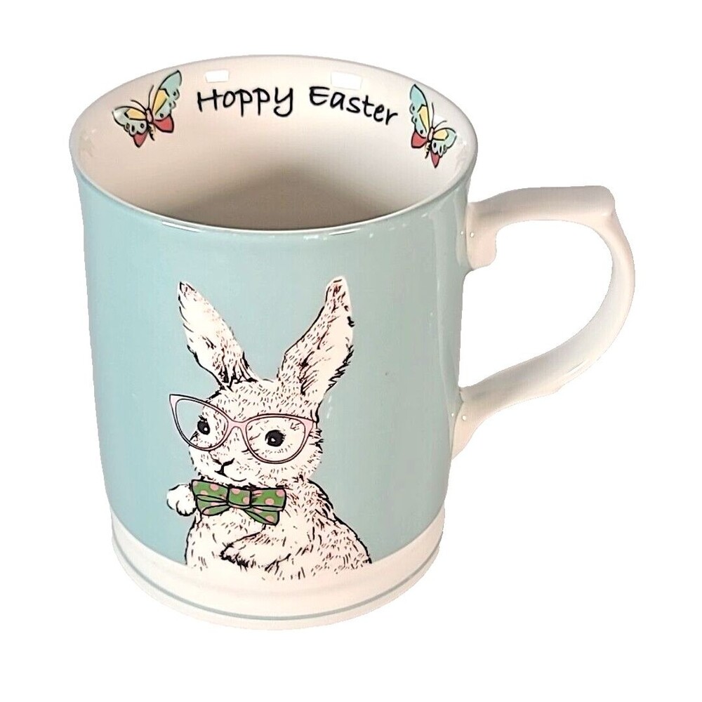 Grace Fine China Happy Easter Mug Bunny Rabbit Bow Tie Glasses Soft Turquois 4"